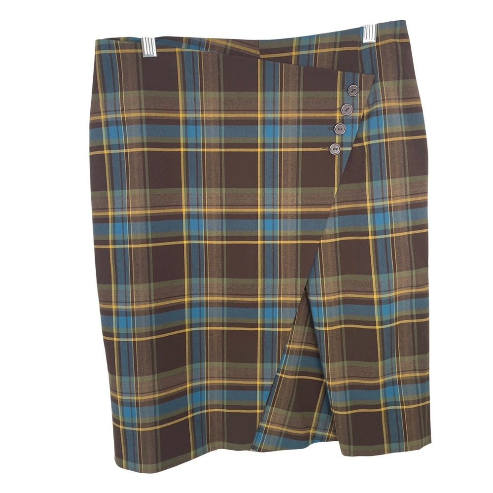 Cato Womens Plaid Button Pencil Skirt 8 Brown Officecore Dark Academia Outlander